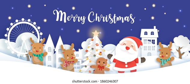 Cartel de Navidad con una Santa Cláusula y elementos de navidad para postal,banner de venta .