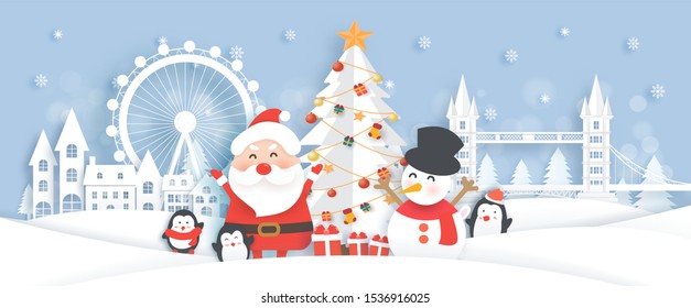 Christmas banner with Santa and cute animals in snow village in paper cut and craft style . 