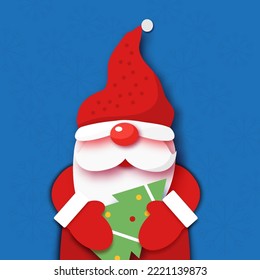 Christmas banner with Santa gnome and christmas tree. Paper cutout hat, mustache and beard of Santa Claus. Merry xmas. Paper cut out art style vector