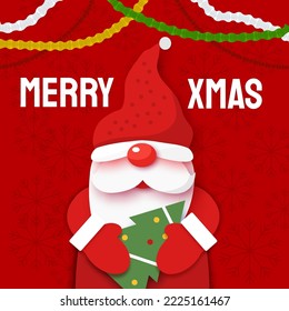 Christmas banner with Santa gnome and christmas tree. Paper cutout hat, mustache and beard of Santa Claus. Merry xmas. Paper cut out art style vector