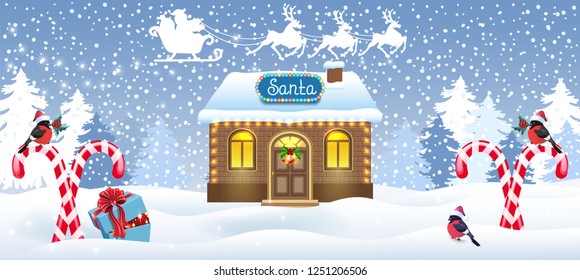 Christmas banner with Santa house workshop, candy cane and gift box against winter forest background and Santa Claus in sleigh with reindeer team. New Year design postcard.