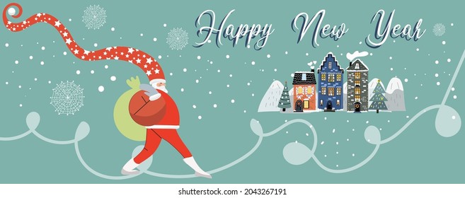 Christmas banner Santa in a long star hat rushes to give gifts, walks towards the snow-covered houses through snowdrifts and mountains.