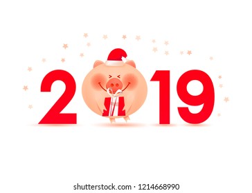 Christmas  banner with Santa pig, numbers 2019 and gift. Symbol of New year  Xmas holiday.