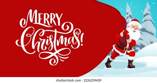 Christmas banner with Santas gift bag, vector Xmas winter holidays. Santa Claus cartoon character with festive red hat and costume carrying huge sack full of Christmas presents through snowy forest