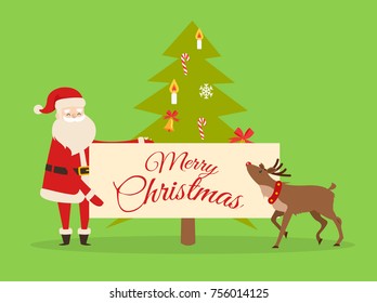 Christmas banner in Santas hand on background of New Year fir tree. Father Frost with big billboard near cute reindeer isolated on green. Winter holiday concept vector illustration in flat style