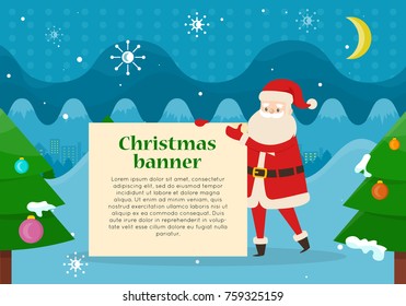 Christmas banner in Santas hand on background of snowy forest with night blue sky. Father Frost with big billboard among decorated New Year trees. Winter city landscape behind his back, vector