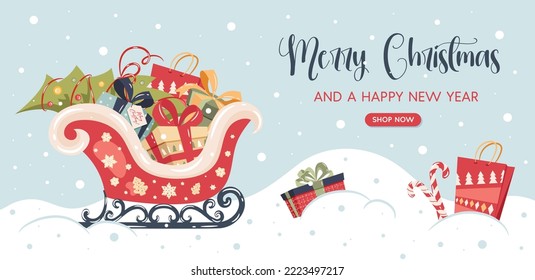 Christmas banner with santas sleigh christmas gifts boxes. Season sale or online delivery gifts concept.