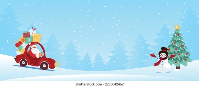 Christmas banner with save space, Santa Claus in car with gifts, snowman with fir tree in winter snowy forest. Vector flat cartoon.