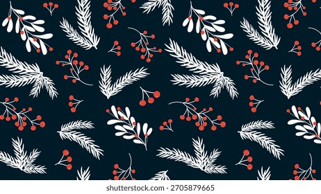 Christmas Banner With A Seamless Pattern. Abstract drawing of Christmas tree branches with red berries. Vector background for covers, postcards, printing, packaging