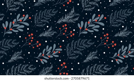 Christmas Banner With A Seamless Pattern. Abstract drawing of Christmas conifers and branches with red berries. Vector background for covers, postcards, printing, packaging