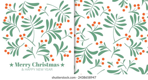 Christmas banner and seamless pattern of berry branches on white background. Vector illustration.