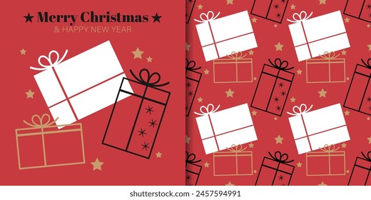 Christmas banner and seamless pattern of cute simple gift boxes and stars with Merry Christmas text on red background. Vector illustration.