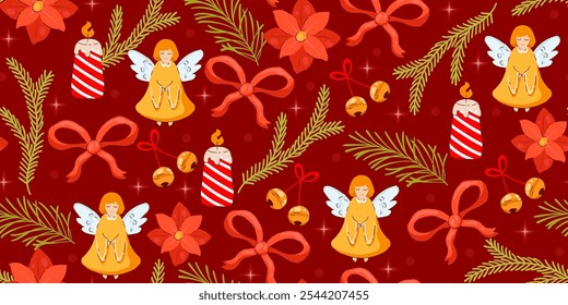 Christmas Banner with Seamless Pattern for Holidays. Cute design of angels and winter foliage. Perfect for print, web, fashion, cards, 
