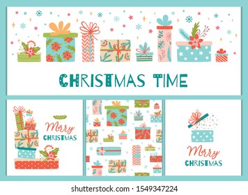 Christmas banner set Cute gift box presents Cartoon hand drawn cards collection Seamless pattern Vector