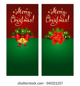 Christmas banner set with fir branches, Christmas Star-poinsettia and bells