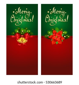 Christmas banner set with fir branches, Christmas Star-poinsettia and bells