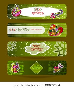 Christmas banner set. Hand drawing. Doodle. New Year background. Holiday template. Rooster, candle, candy, gifts. Gradient, clipping masks.