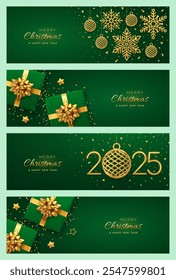 Christmas banner set. Happy New Year 2025. Gift boxes with golden bow, Gold numbers 2025, snowflake, golden balls bauble, stars and glitter confetti. Green header background, card, poster. Vector.