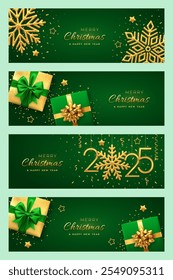 Christmas banner set. Happy New Year 2025. Gift boxes with golden bow, Gold numbers 2025, golden snowflakes stars and glitter confetti. Green header background, card, poster. Vector illustration.