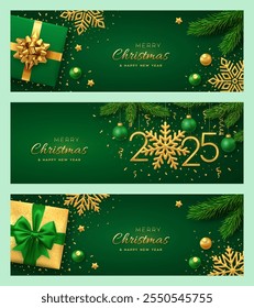 Conjunto de Anuncio de Navidades. Feliz año Nuevo 2025. Cajas de regalo con arco dorado, números de oro 2025, copos de nieve dorados, ramas de pino y abeto, estrellas. Fondo de cabecera verde, tarjeta, cartel. Ilustración vectorial.