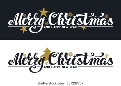 Christmas  Banner set. Merry Christmas vector handwriting lettering,stars.Calligraphy design.Retro Illustration.Vintage card, Black, white background.Horisontal