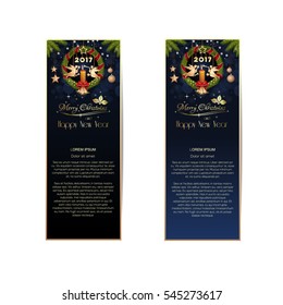 Christmas banner set. New Year 2017. Greeting cards with Christmas wreath, angels, traditional New Year's greetings and free space for text. Merry Christmas and Happy New Year. Vector illustration
