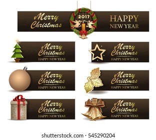 Christmas banner set. New Year 2017. Christmas symbols on wooden background - Christmas tree, ball, angels, candle, fir wreath, gift box, holly, bells. Realistic icon collection. Vector illustration