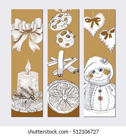 Christmas banner set with orange, cinnamon, cookies, bow, heart, snowman, candle. Happy New Year labels set. Hand drawn sketch vintage vector illustrations. Gold design