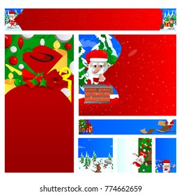 Christmas banner set. Santa pulling huge bag of gifts, reading naughty list, singing, hanging from a tree and pointing at a blank banner. Reindeer and a Snowman singing.