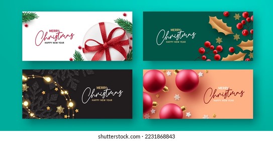 Christmas banner set vector design. Merry christmas and happy new year gift card collection for xmas holiday lay out background. Vector Illustration.