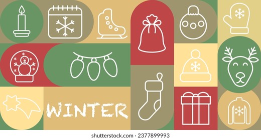 Christmas banner. Set of Christmas vector icons. White icons isolated on a colored background. EPS 10.