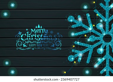 Christmas banner with shiny blue snowflakes on wooden plank background. Vector illustration