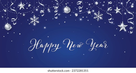 Christmas banner. Silver glitter decoration. Hand written Happy New Year text. Holiday border, frame. Festive vector background. Garland with ornaments. For New Year cards, headers, party flyers