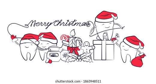 Christmas banner with smiling teeth in a Santa Claus hat, floss, and Christmas symbols isolated on a white. Holiday dental new year card, design element for greetings. Outline drawing.