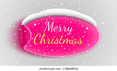 Christmas banner with snow cap. Pink sticker. Paper scroll. Vector illustration.