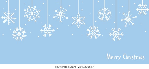 Christmas banner with snowflake garland on blue background. Merry xmas snowy header or banner, wallpaper, background. Holiday party design elements. Happy New Year border. Scandinavian style