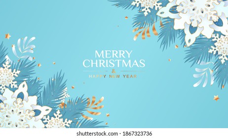Christmas banner with snowflakes and branches on blue background.