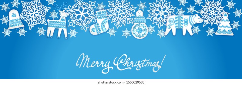 CHRISTMAS BANNER WITH SNOWFLAKES AND SILHOUETTES OF A DEER, BEAR, SNOWMAN, CHRISTMAS BOOT AND BELL DECORATED WITH ORNAMENT ON A BLUE BACKGROUND