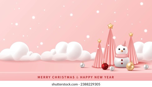 Christmas banner with snowman, baubles and Christmas trees on pink background. Vector illustration for poster, flyer, banner, greeting card and advertisement.