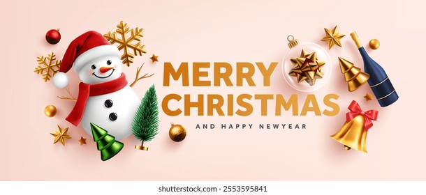 Christmas Banner with Snowman, Golden Decorations, Gift Boxes, Stars, Christmas Tree, and Festive Elements for a Joyful Christmas and Happy New Year Celebration