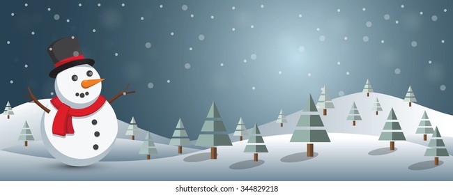 Christmas banner with snowman in winter landscape
