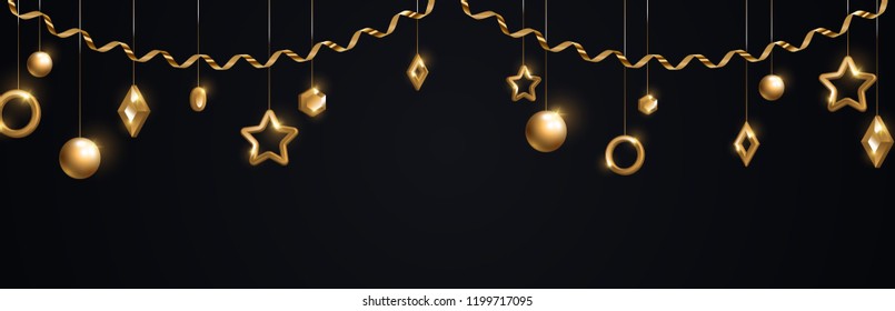 Christmas banner with sparkling gold geometric baubles and streamer in garland on black background. Vector Illustration.