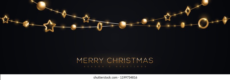 Christmas banner with sparkling gold geometric baubles in garland on black background. Vector Illustration.
