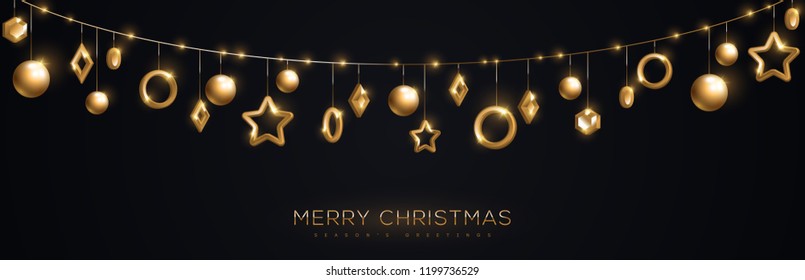 Christmas banner with sparkling gold geometric baubles in garland on black background. Vector Illustration.