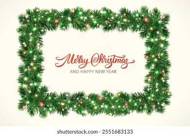 Christmas banner. Square wreath with glowing colourful Christmas lights. Merry Christmas calligraphy. Christmas tree decoration. Holiday fir tree garland. Festive winter season frame, spruce branches.