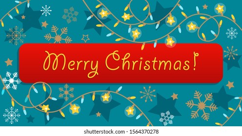Christmas banner with stars, light bulbs and snowflakes. Blue background with red element for text on it. Vector illustration for banner, poster, template