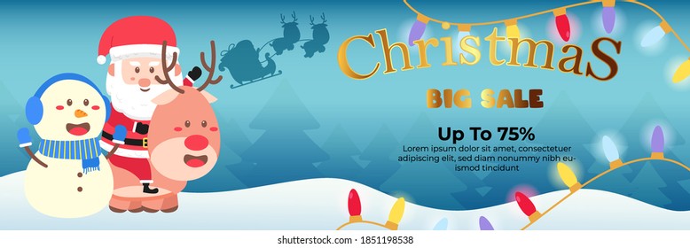 Christmas Banner Super Big Sale Up To 75% With Santa Clause ride a Deer and Snowman Flat Design Vector