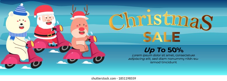 Christmas Banner Super Sale Up To 50% With Santa Clause, Deer, and Bear Riding A Motorcycle Flat Design Vector