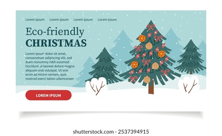 Christmas banner. Sustainable Christmas concept. Decorated Christmas tree in the forest.