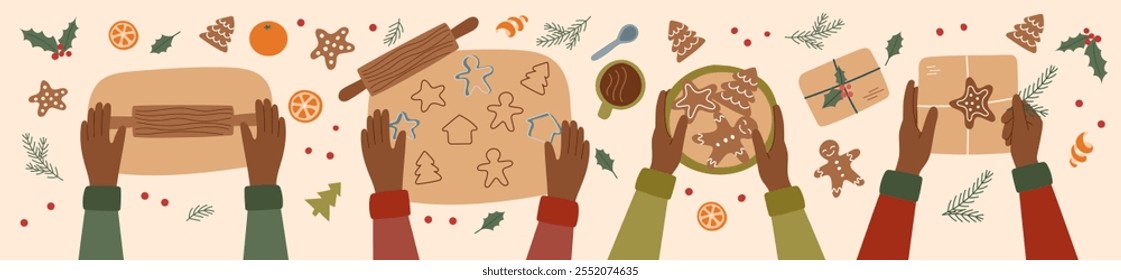 Christmas banner. Sustainable Christmas concept. Hands making gingerbreads. Top view. Workshop concept.